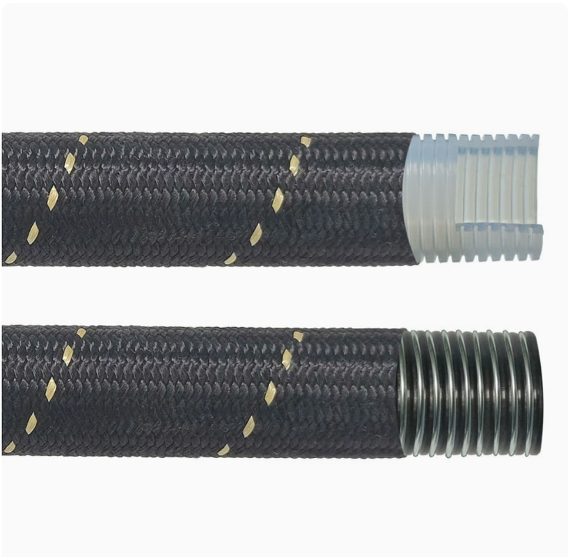 Aramid Braided PTFE Hose Lightweight Inner Smooth Outer Convoluted Chemical-Resistant Hose 1/4–2 Inch for Food, Hydraulic, Automotive and Industrial Applications